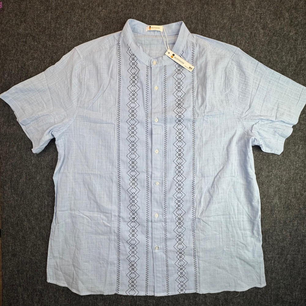 BEOTYSHOW Shirt Mens XXL Blue Embroidered Band Collar Short Sleeve Cotton NWT